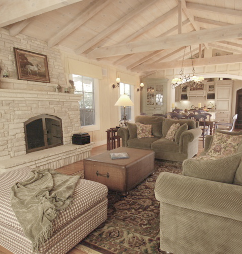 Great room remodel featuring carmel stone fireplace